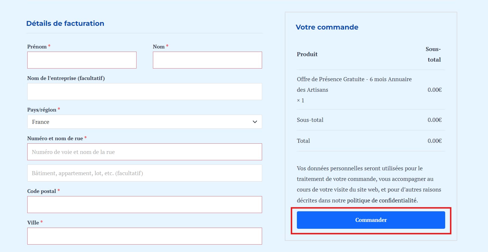page de commande